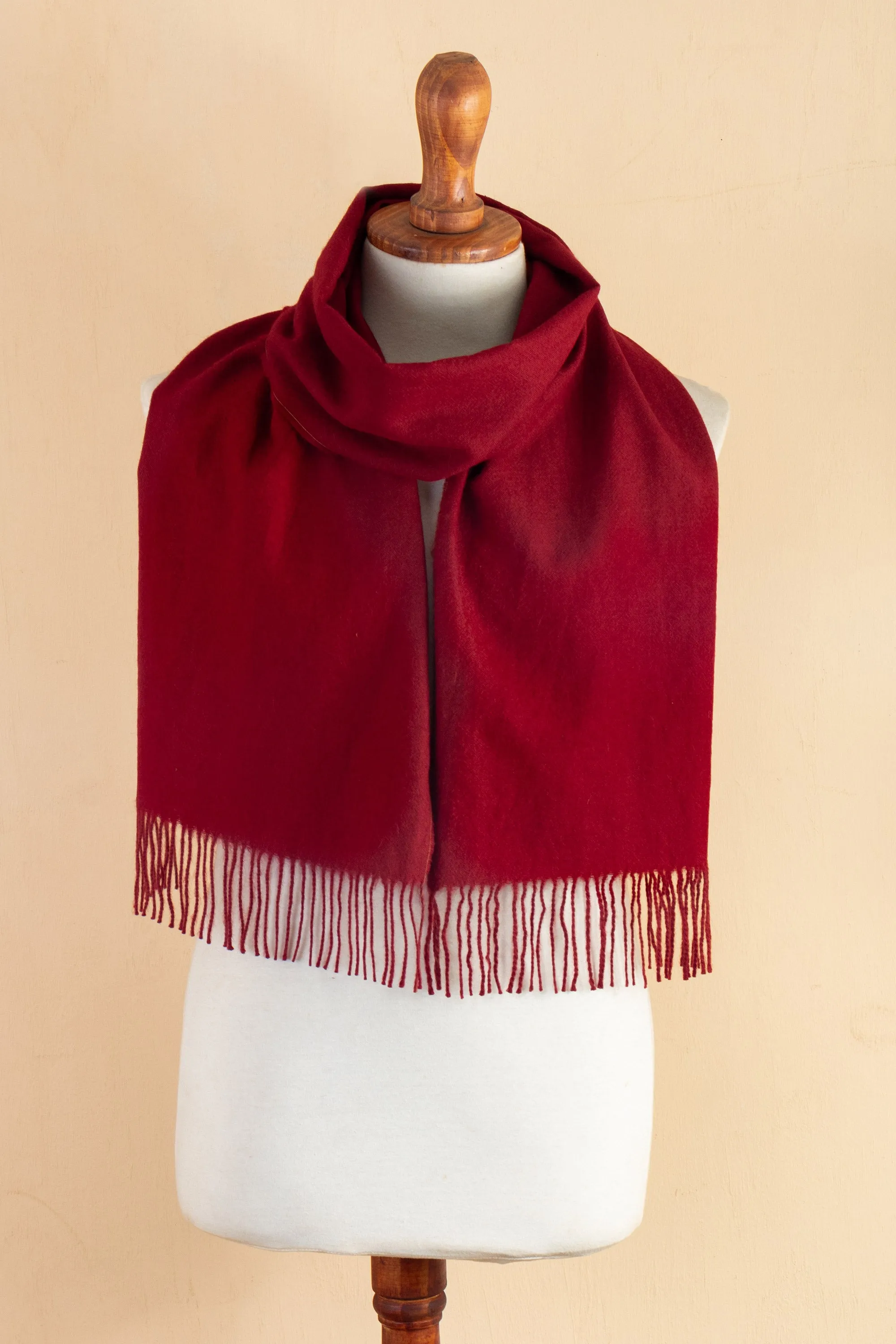100% Alpaca Fringed Scarf in Red Hand-Woven in Peru - Crimson Tide | NOVICA