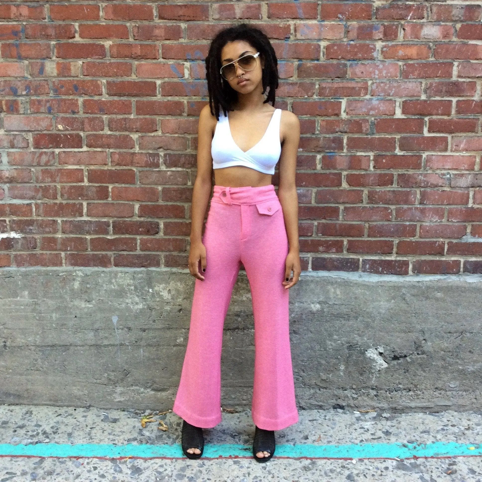 1970s Pink High-Waisted Wide Leg Jersey Pants XS/S