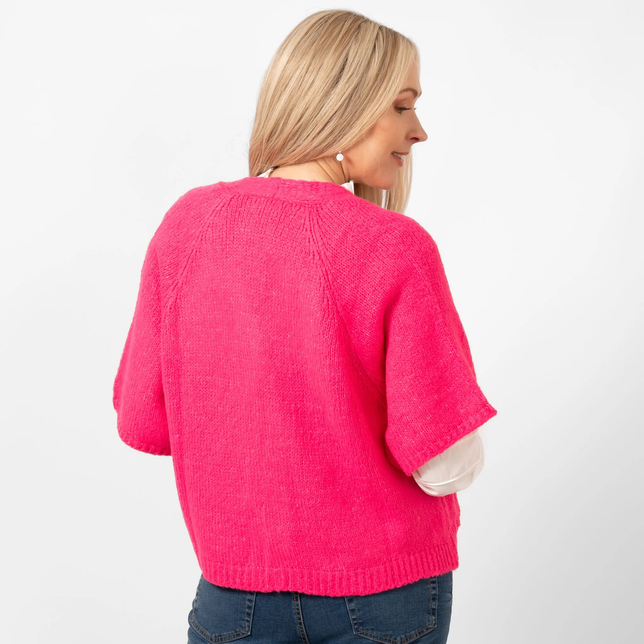 Amelia Short Sleeve Wool Blend Cardigan - Fuchsia