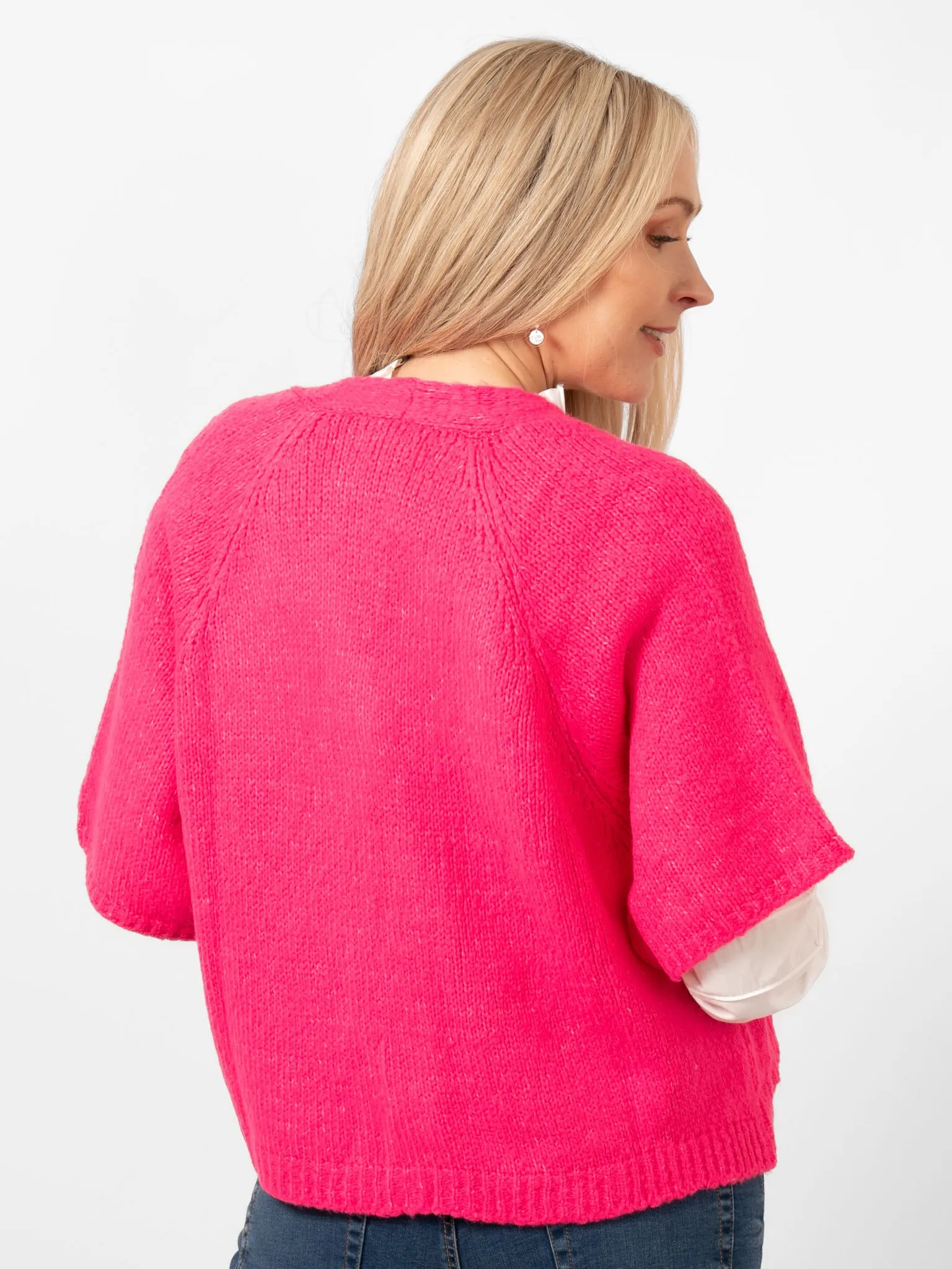 Amelia Short Sleeve Wool Blend Cardigan - Fuchsia