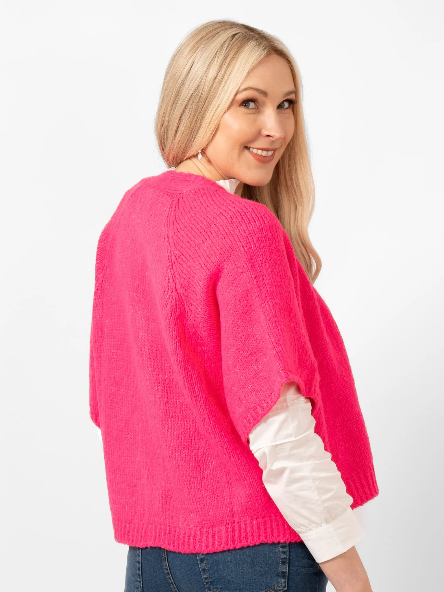 Amelia Short Sleeve Wool Blend Cardigan - Fuchsia