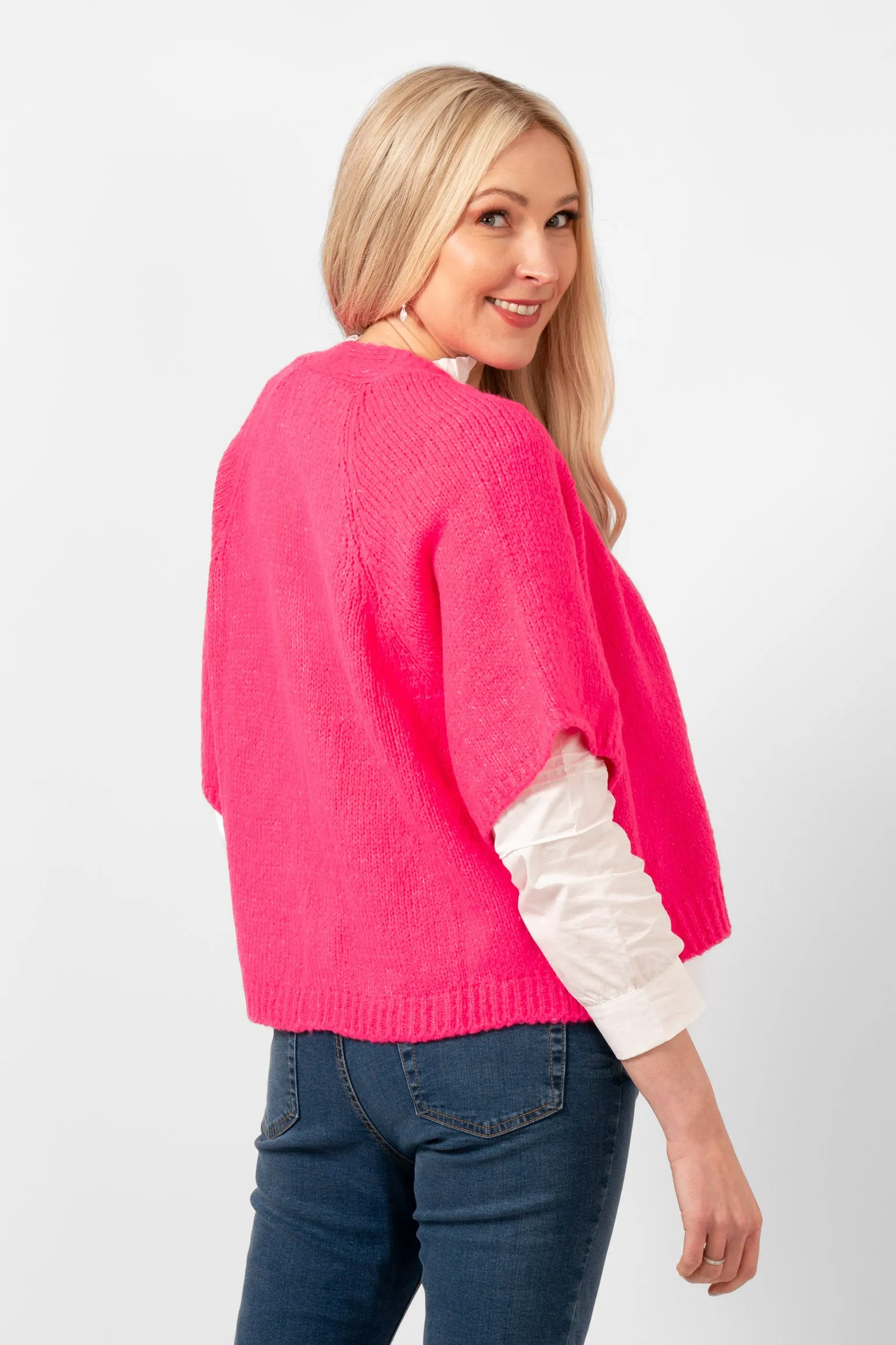 Amelia Short Sleeve Wool Blend Cardigan - Fuchsia
