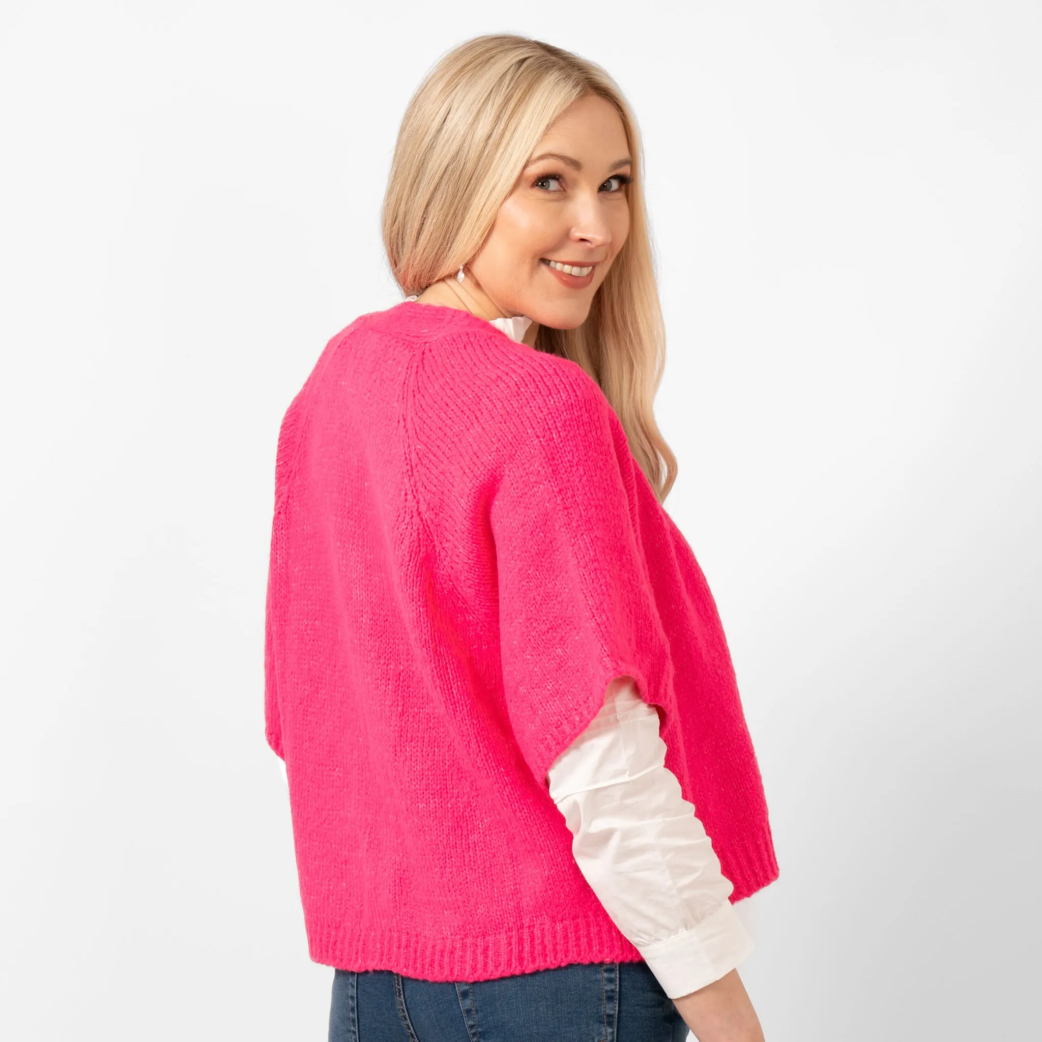 Amelia Short Sleeve Wool Blend Cardigan - Fuchsia
