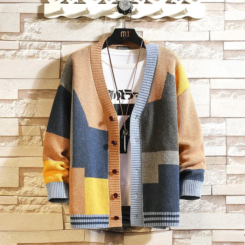 Autumn and Winter Korean Style Fashion Knit Cardigans Sweater Patchwork Color Couple Men Casual Trendy Coats Jacket Men Clothes
