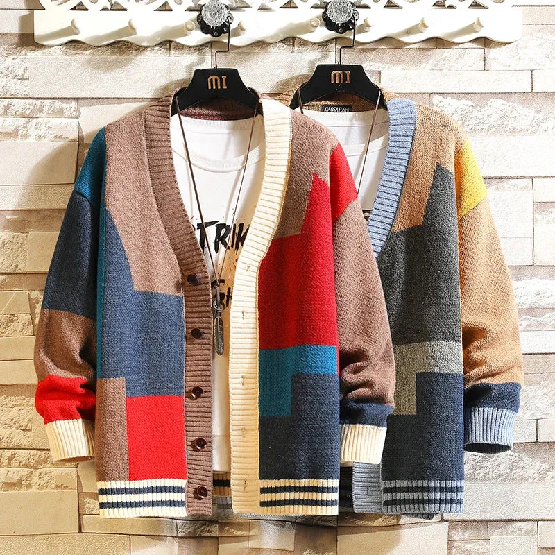 Autumn and Winter Korean Style Fashion Knit Cardigans Sweater Patchwork Color Couple Men Casual Trendy Coats Jacket Men Clothes