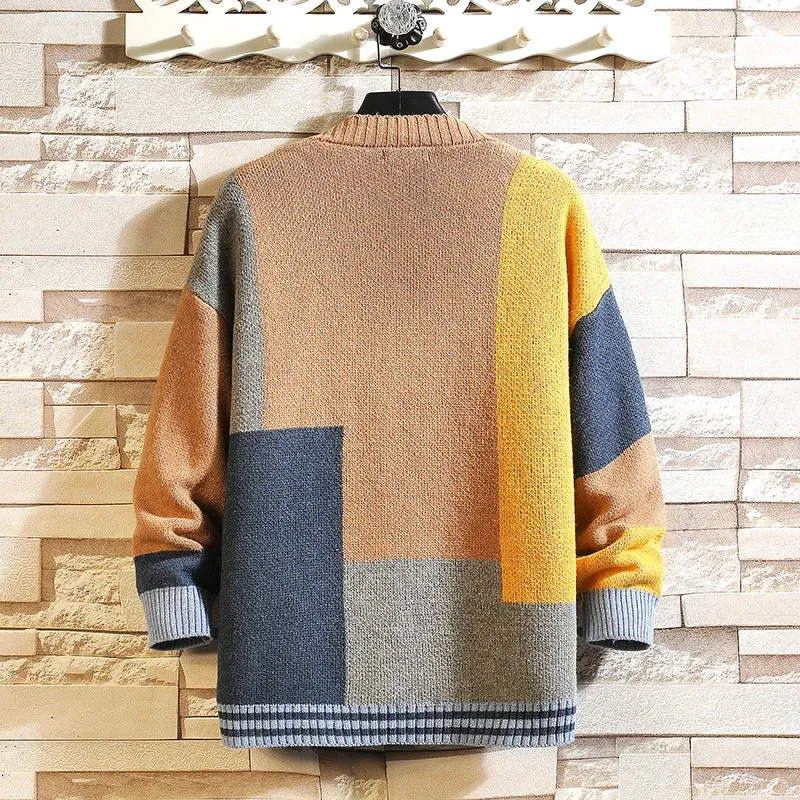 Autumn and Winter Korean Style Fashion Knit Cardigans Sweater Patchwork Color Couple Men Casual Trendy Coats Jacket Men Clothes