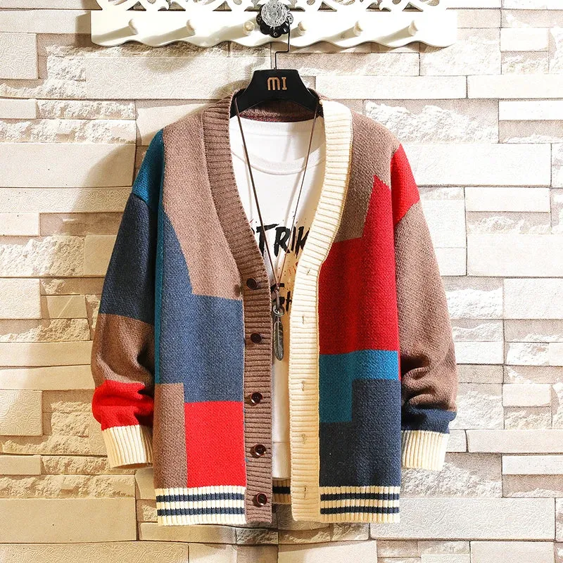 Autumn and Winter Korean Style Fashion Knit Cardigans Sweater Patchwork Color Couple Men Casual Trendy Coats Jacket Men Clothes