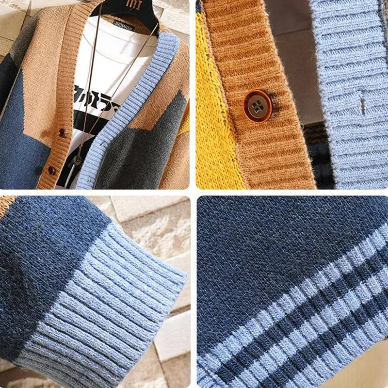Autumn and Winter Korean Style Fashion Knit Cardigans Sweater Patchwork Color Couple Men Casual Trendy Coats Jacket Men Clothes