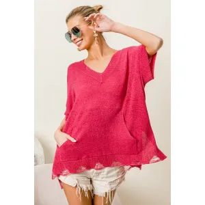BiBi Distressed Hem V-Neck Slit Sweater