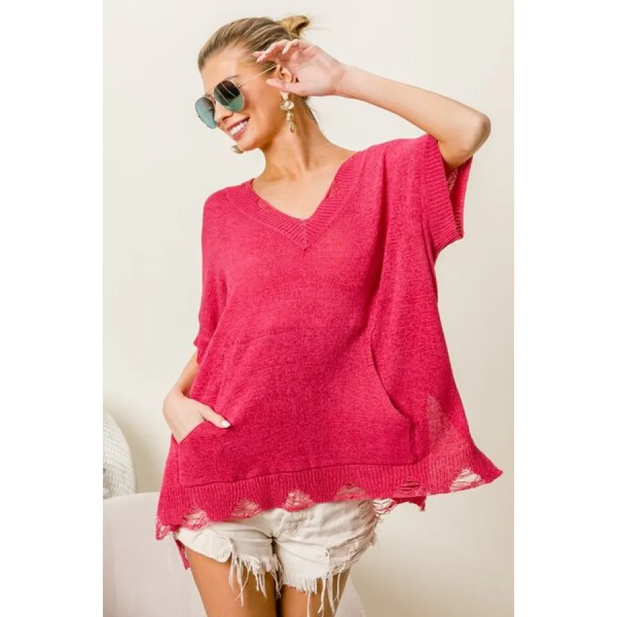 BiBi Distressed Hem V-Neck Slit Sweater