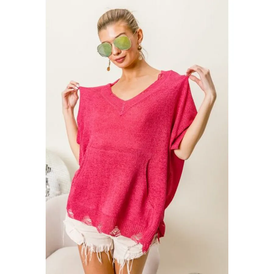 BiBi Distressed Hem V-Neck Slit Sweater