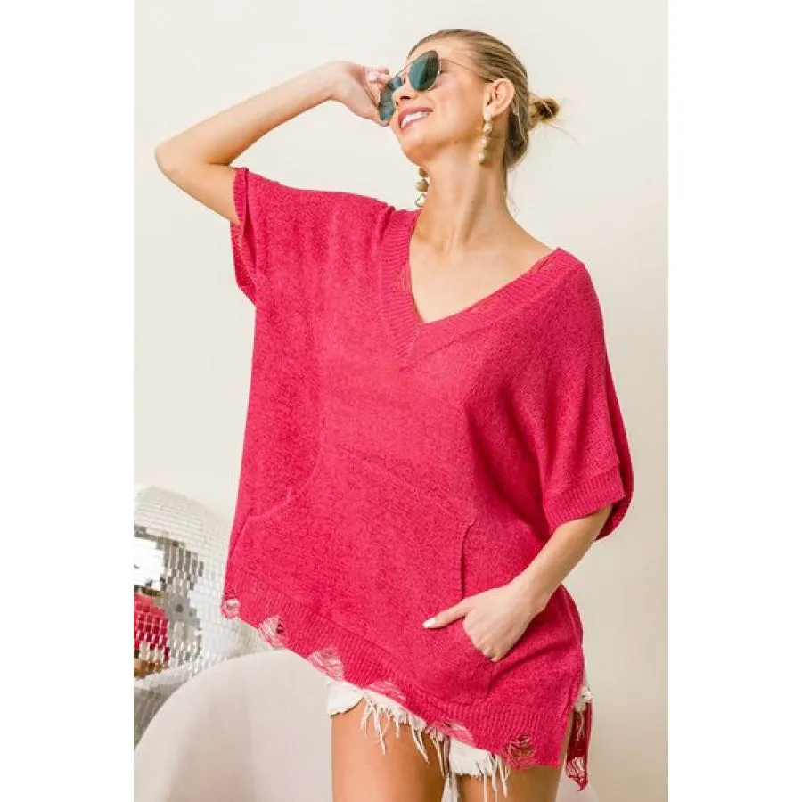 BiBi Distressed Hem V-Neck Slit Sweater