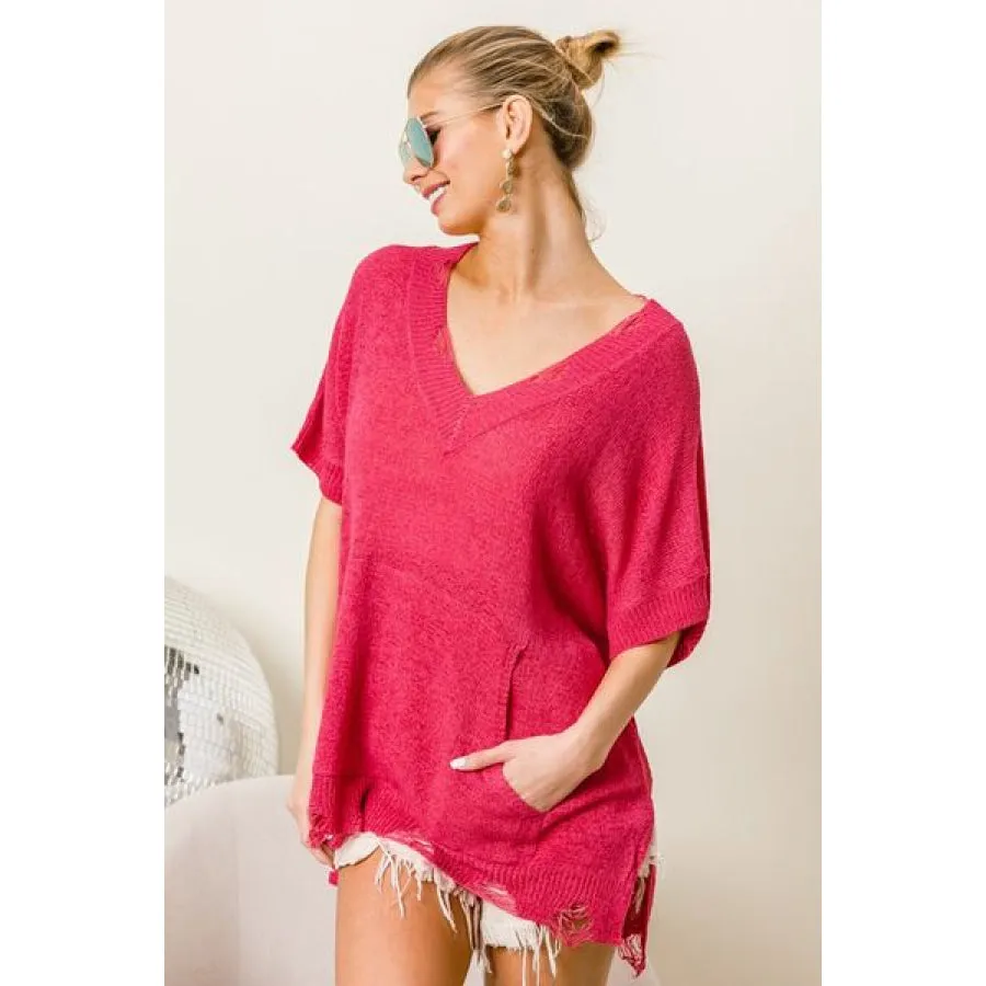 BiBi Distressed Hem V-Neck Slit Sweater
