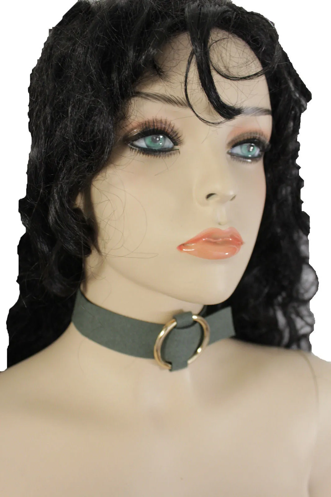 Black Brown Gray Green Red Faux Leather Gold Ring Choker Necklace Accessories