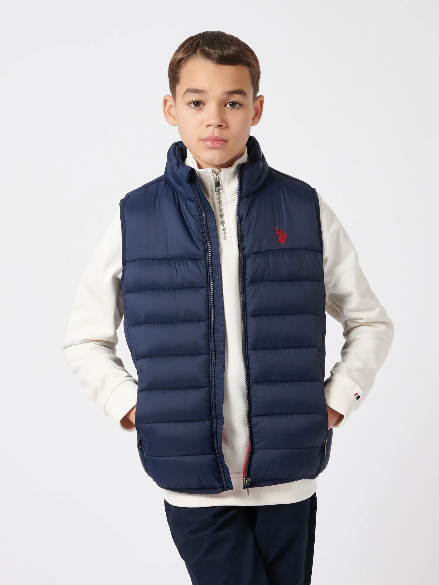 Boys Panelled Quilted Gilet in Dark Sapphire Navy / Haute Red DHM