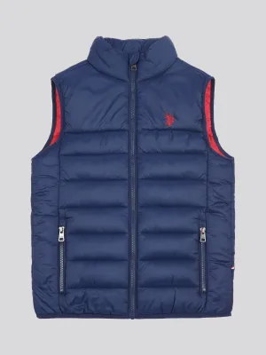 Boys Panelled Quilted Gilet in Dark Sapphire Navy / Haute Red DHM