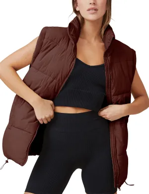 Brown Womens Zip Jacket Coat Up Puffer Vest Stand Collar - Athlisan
