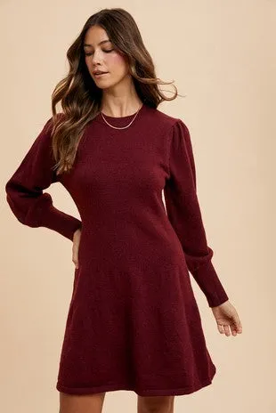Burgundy Long Puff Sleeve Sweater Mini Dress