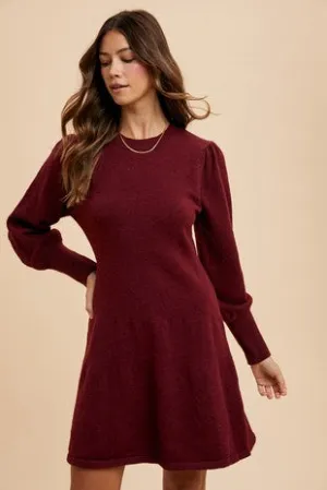 Burgundy Long Puff Sleeve Sweater Mini Dress