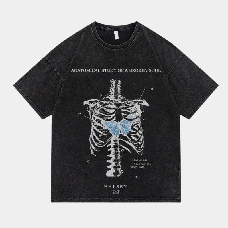 Butterfly Heart | Skeleton Print Washed T-Shirt