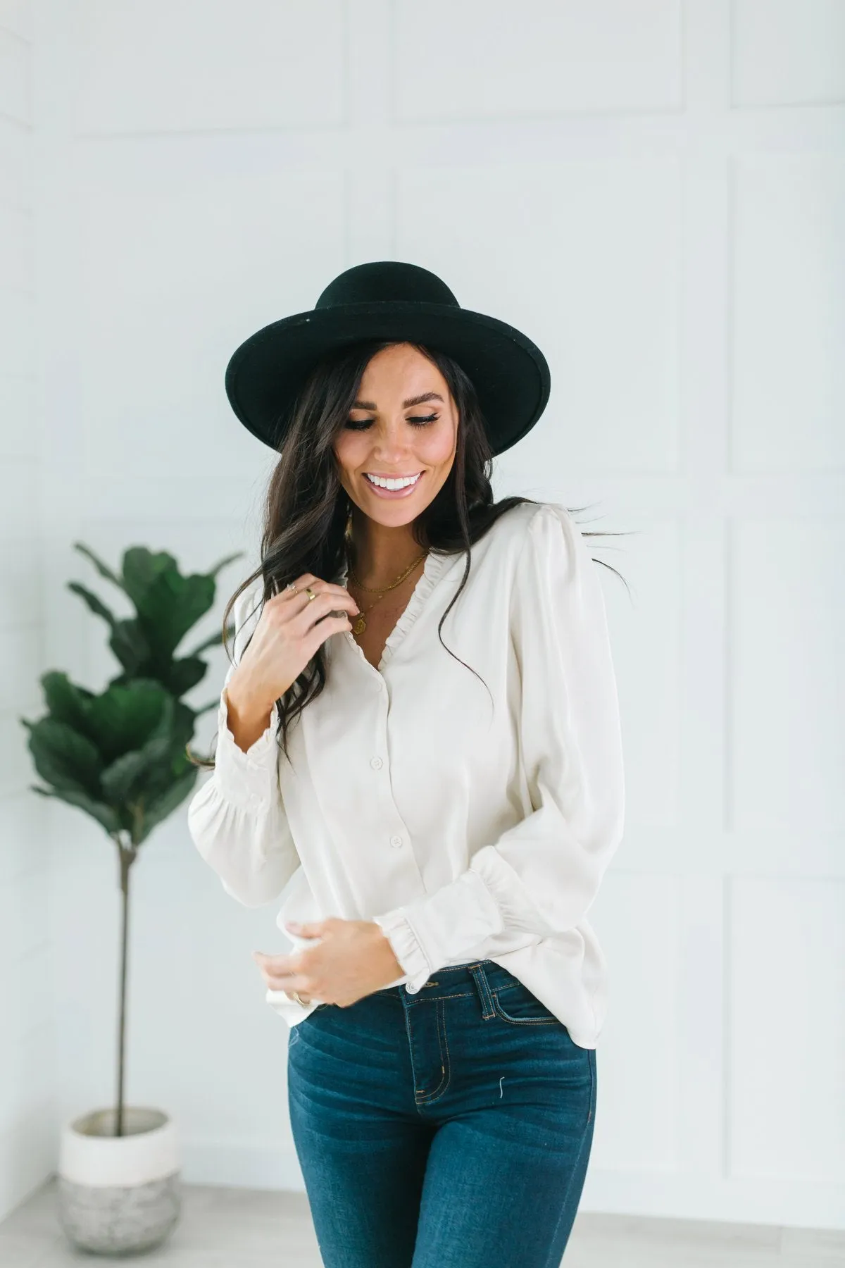 Button Ruffle Trim Blouse