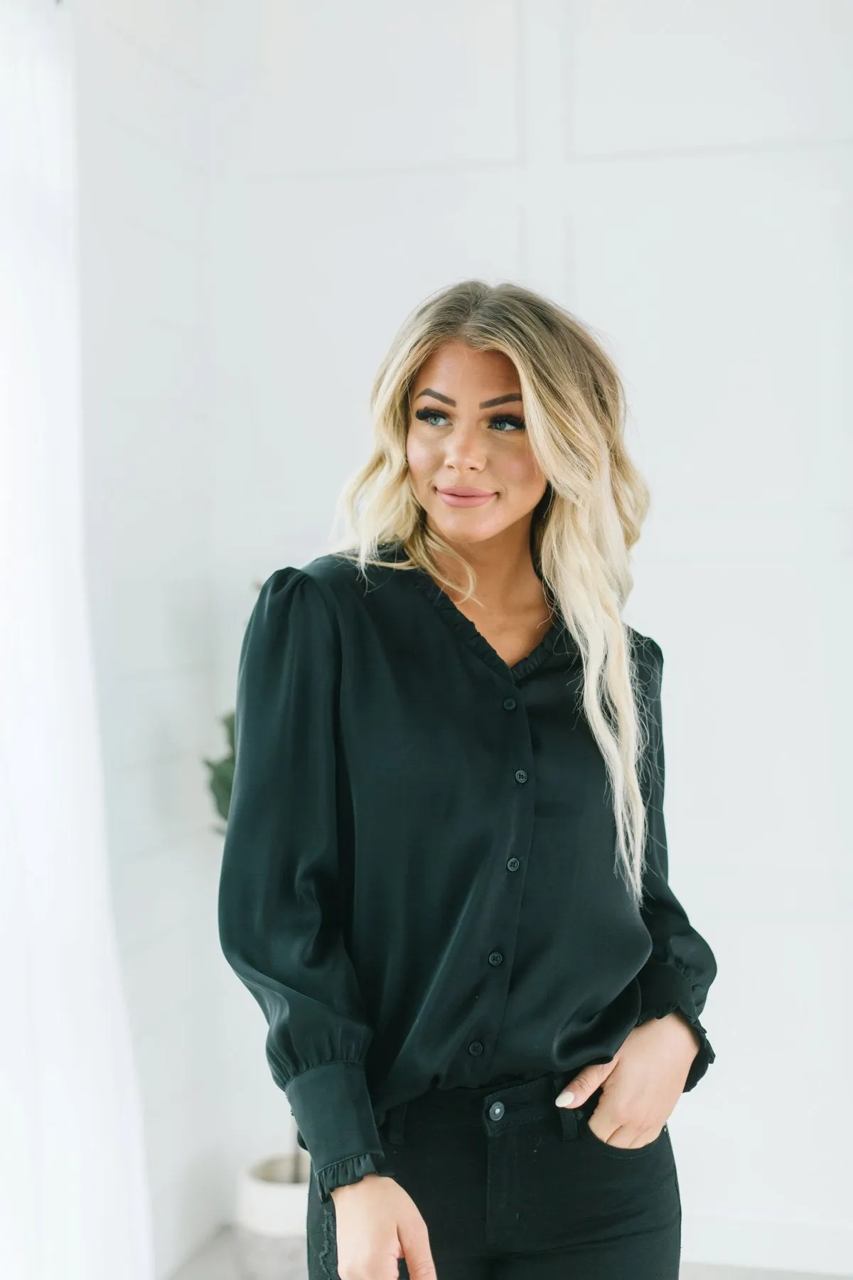 Button Ruffle Trim Blouse