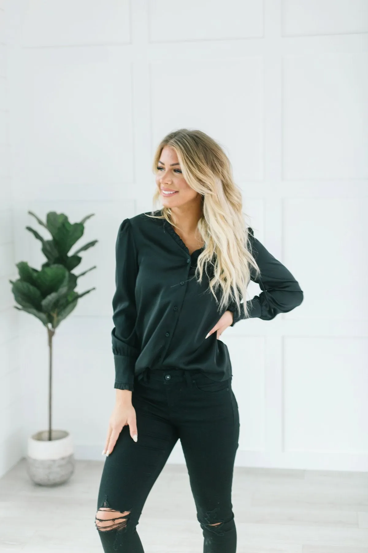 Button Ruffle Trim Blouse