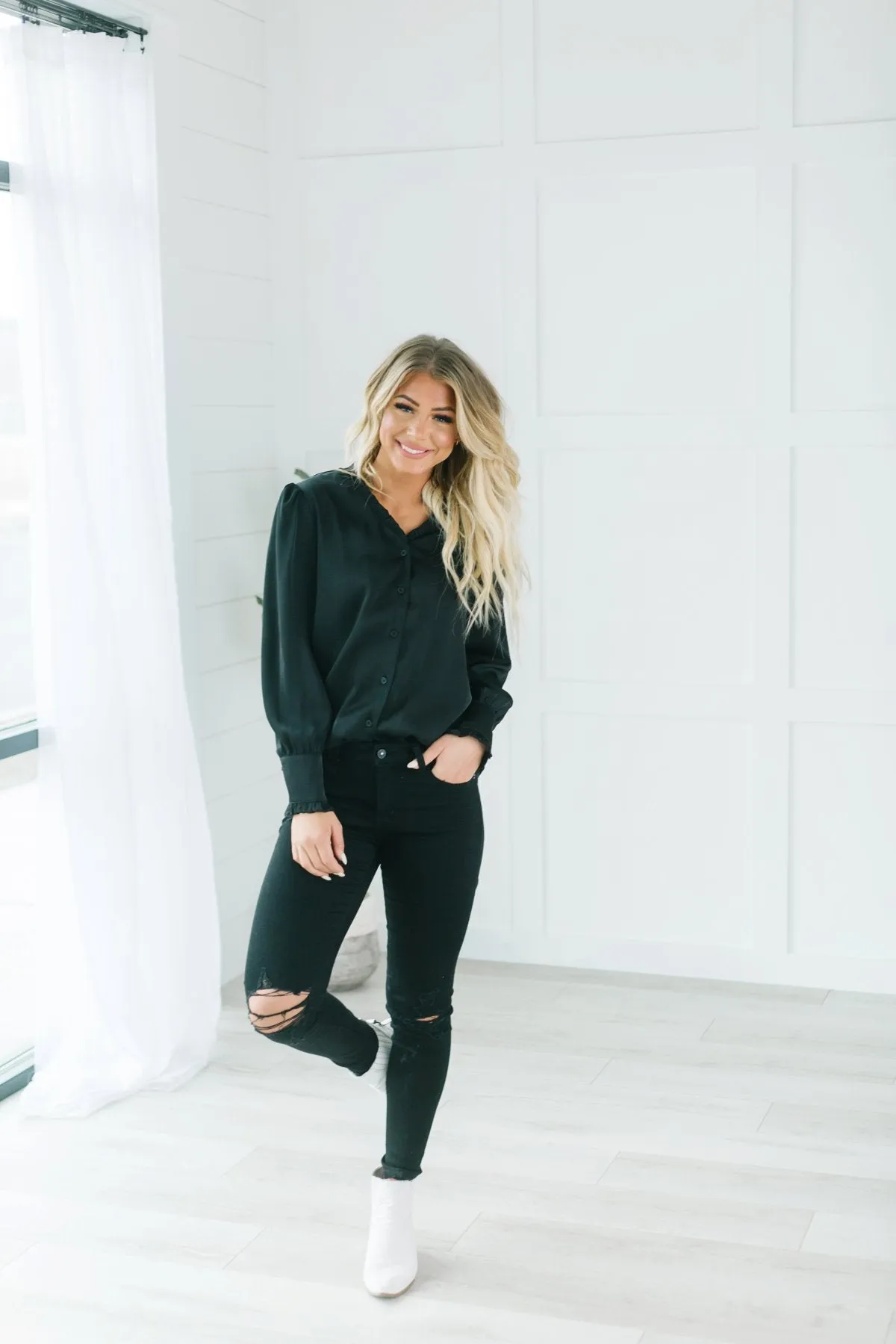 Button Ruffle Trim Blouse