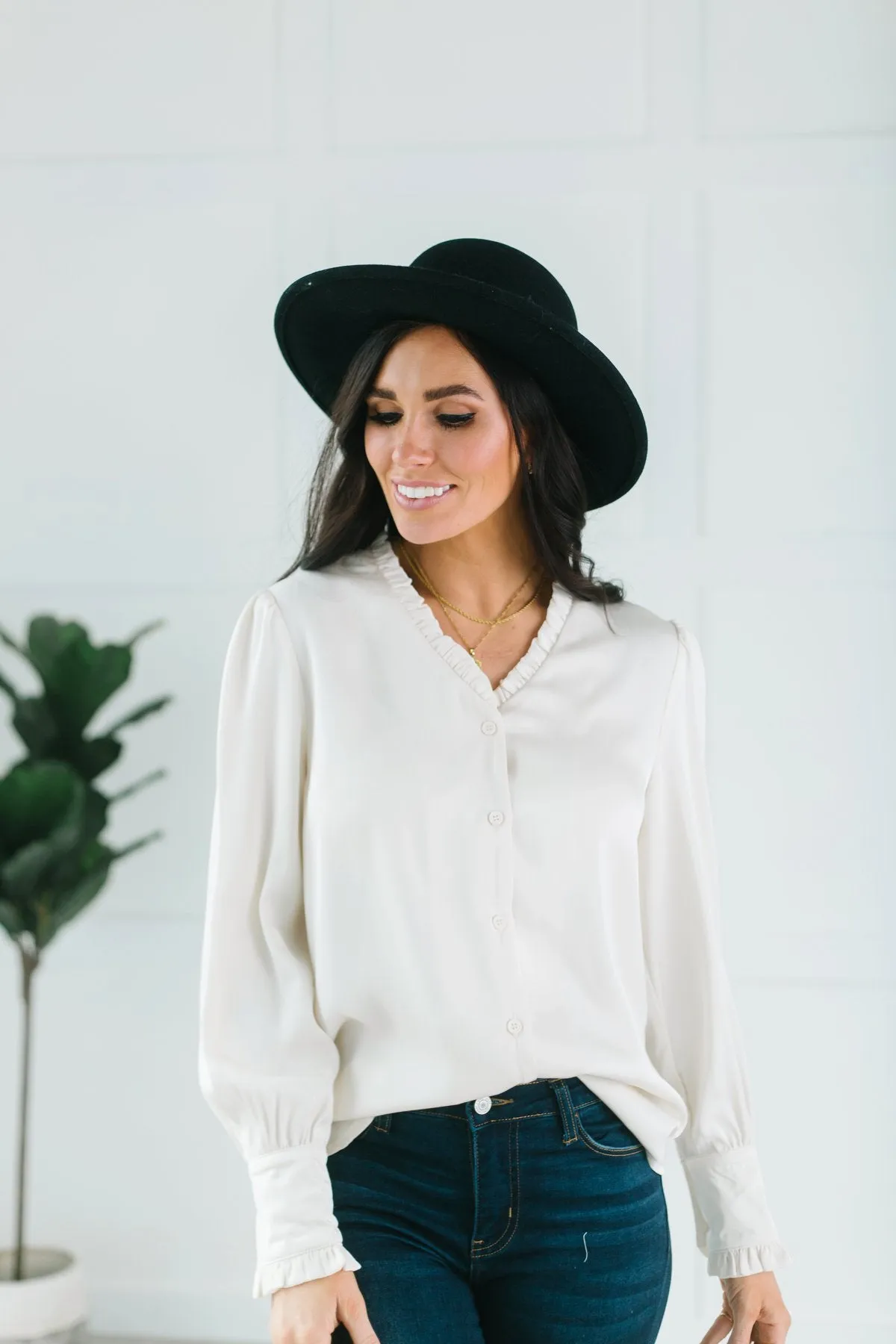 Button Ruffle Trim Blouse