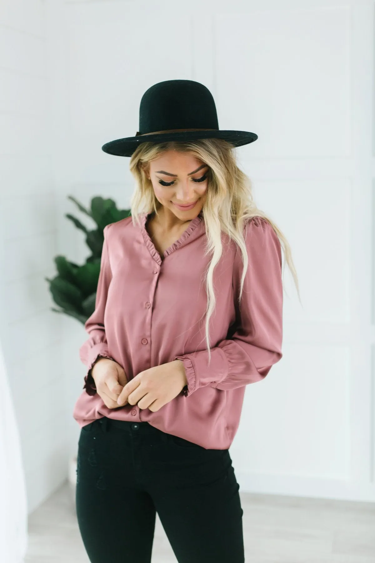 Button Ruffle Trim Blouse