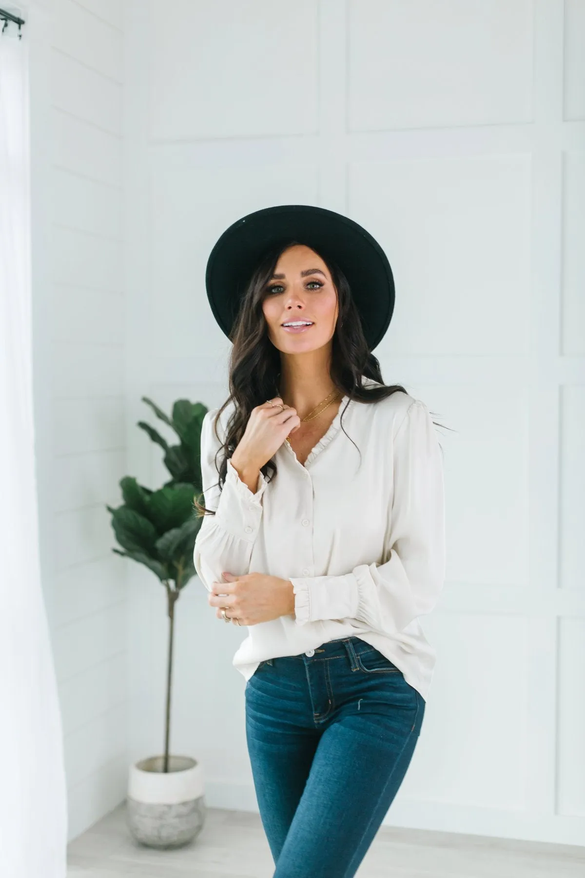 Button Ruffle Trim Blouse