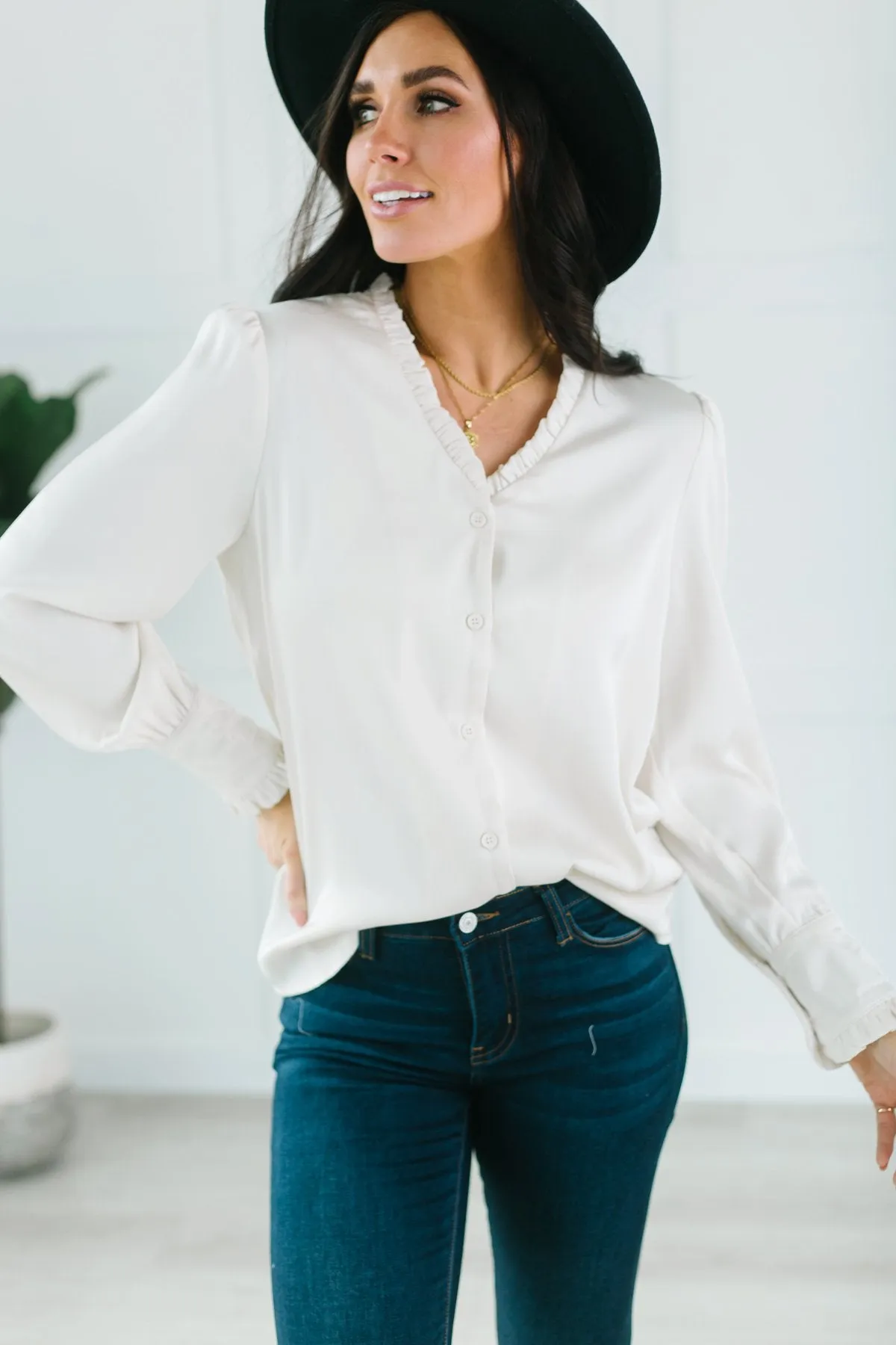 Button Ruffle Trim Blouse