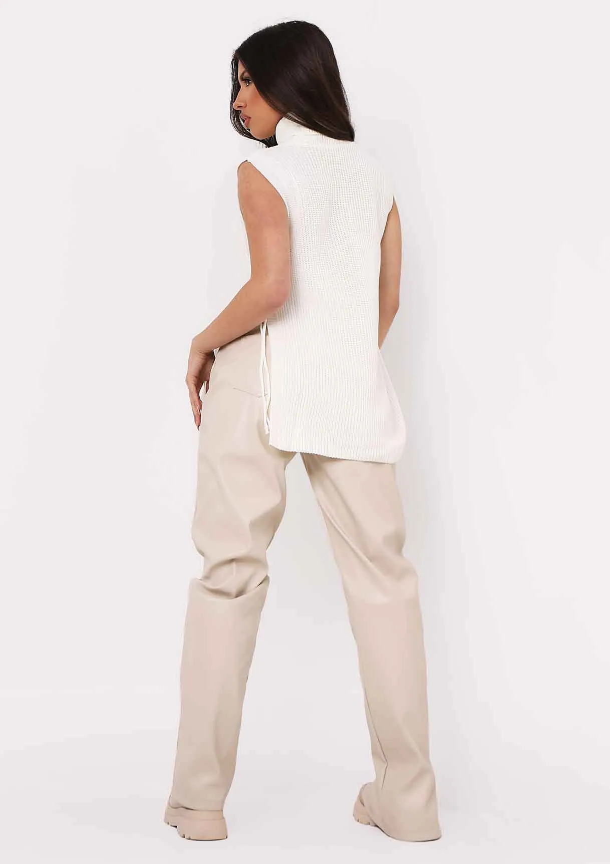 Cheryl Cream Knitted Roll Neck Tie Side Vest