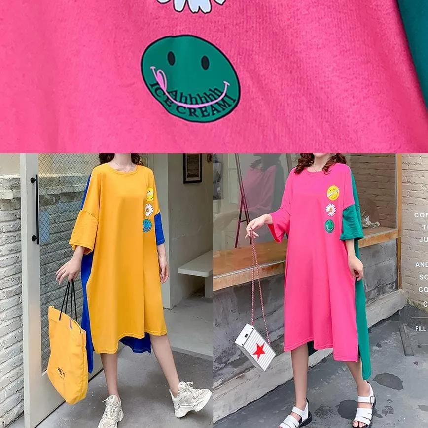 Classy yellow Smiley print clothes Women o neck patchwork Art Dress