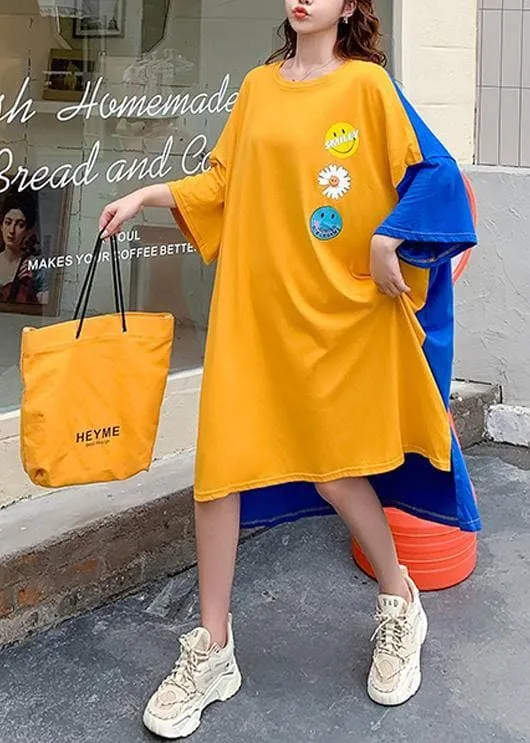 Classy yellow Smiley print clothes Women o neck patchwork Art Dress