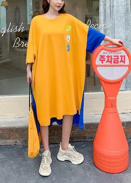 Classy yellow Smiley print clothes Women o neck patchwork Art Dress