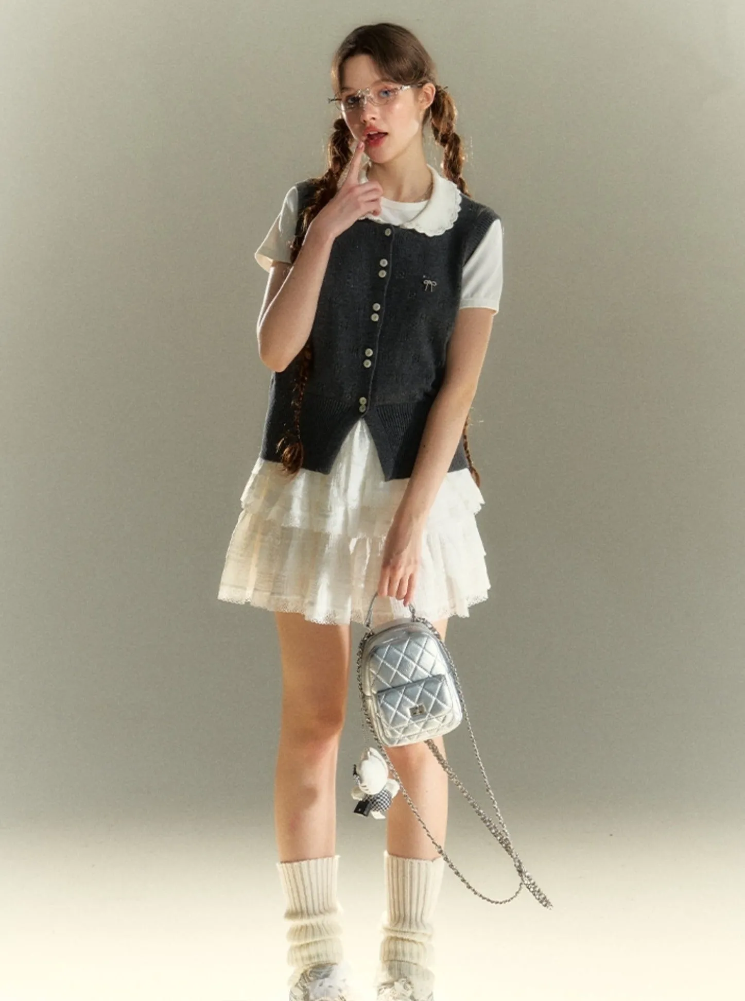 College Doll Neck Knitted Sweater Vest Top