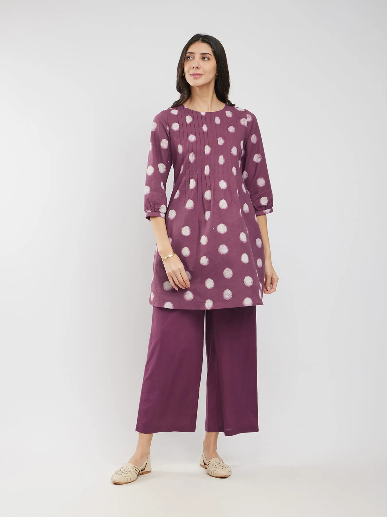 Cotton Dabu Polka Pintuck Co-ord Set - Burgundy