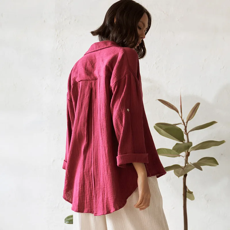 Cotton Solid Shirt For Women | V Neck | Red