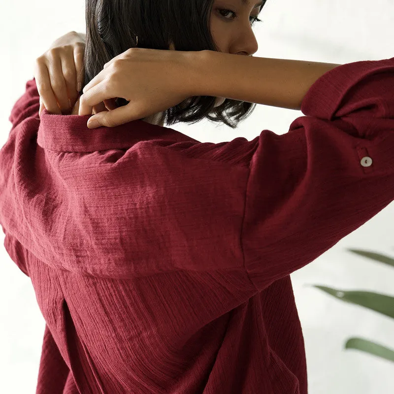 Cotton Solid Shirt For Women | V Neck | Red