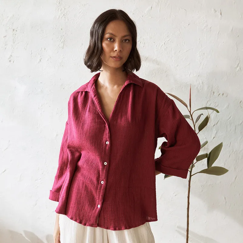 Cotton Solid Shirt For Women | V Neck | Red