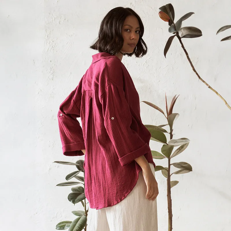 Cotton Solid Shirt For Women | V Neck | Red