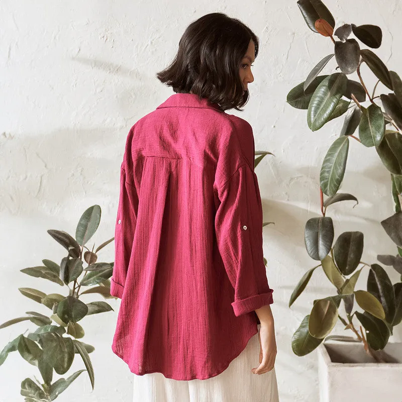Cotton Solid Shirt For Women | V Neck | Red