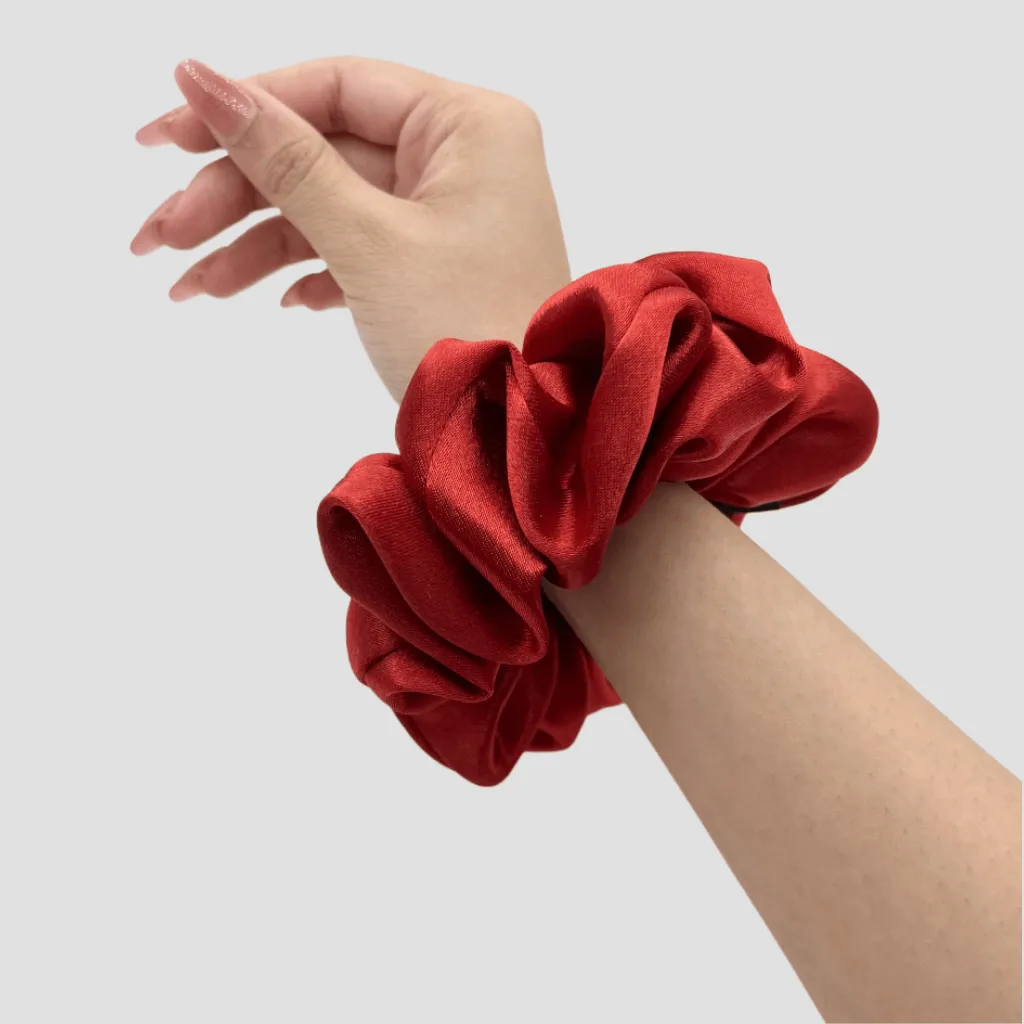 Crimson Red Satin Silk Scrunchie - Champagne Gold Mini Perfume Spray Btl.