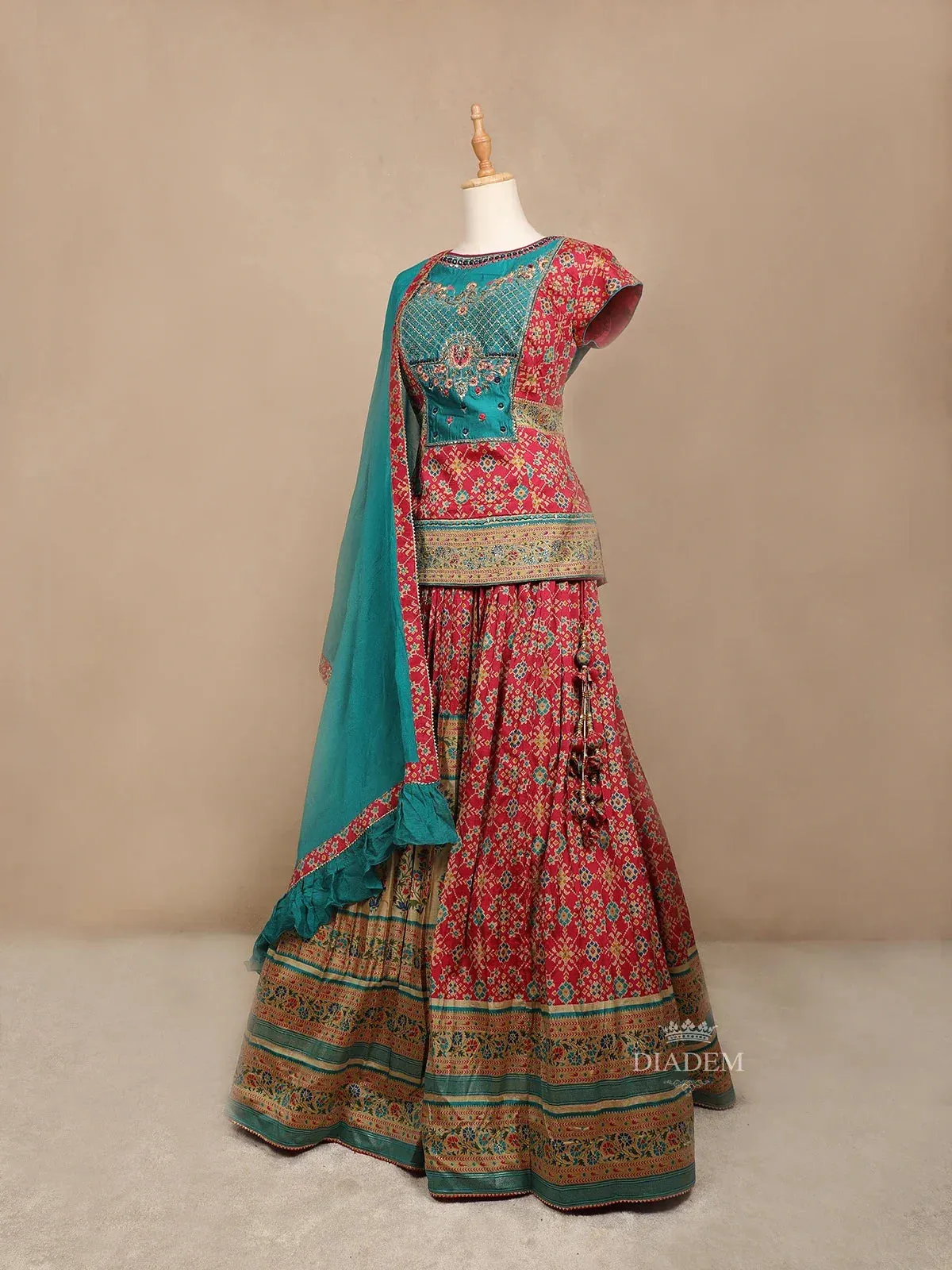 Crimson Red Silk Lehenga Adorned with Floral Embroidery and Prints, Paired with Contrast Dupatta
