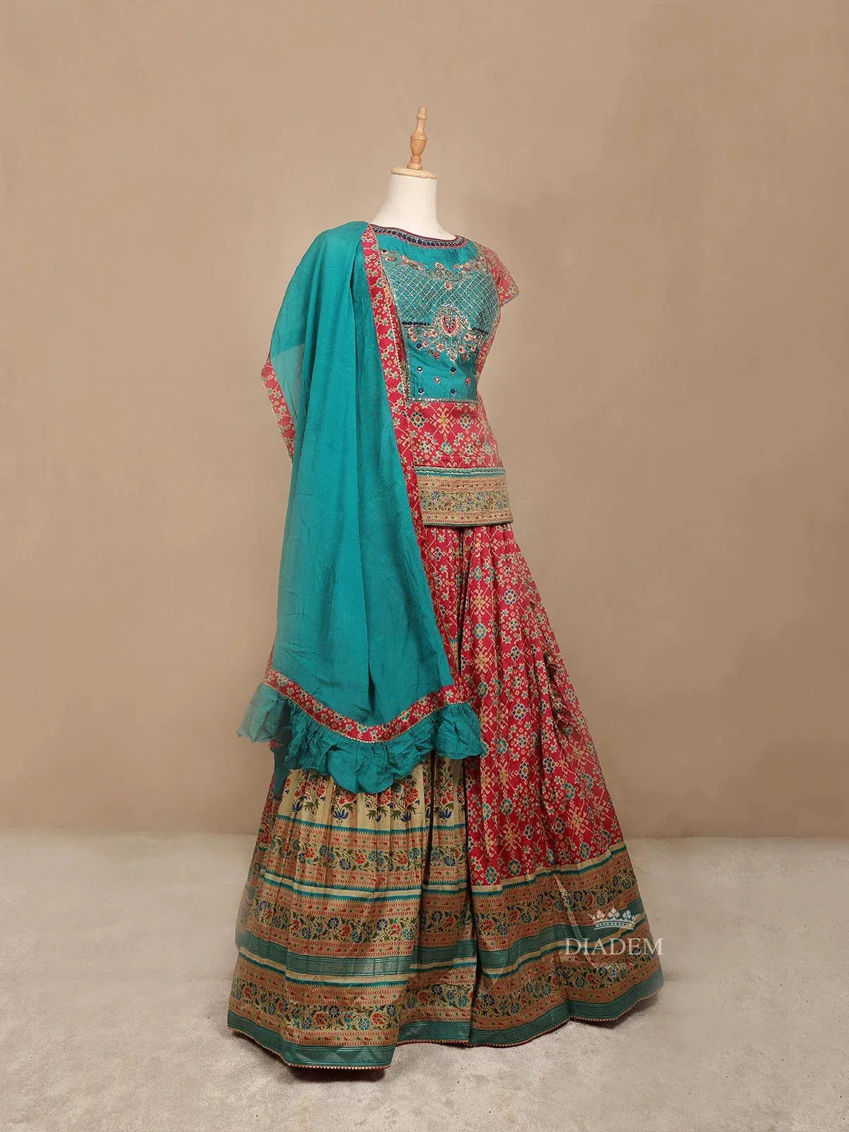 Crimson Red Silk Lehenga Adorned with Floral Embroidery and Prints, Paired with Contrast Dupatta