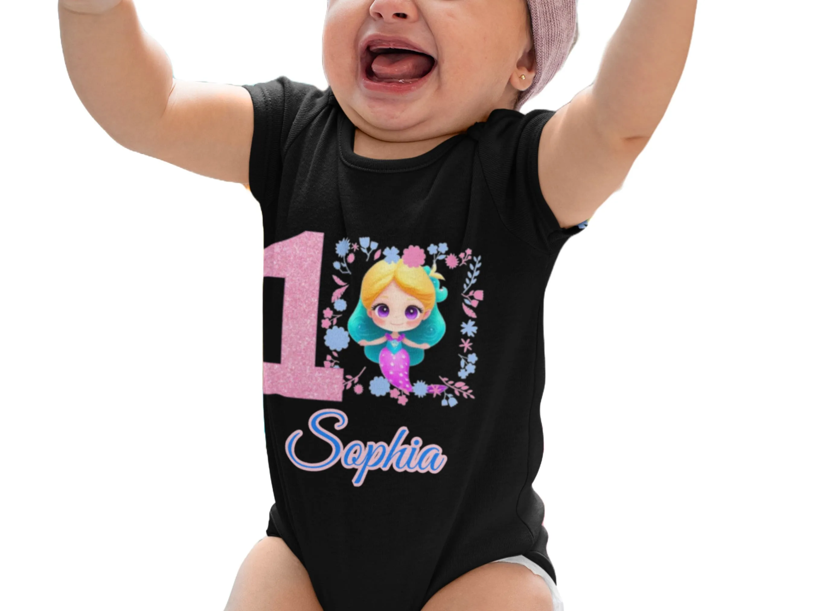 Custom Name 1st Birthday Little Girl Mermaid Baby Bodysuit Birthday Party