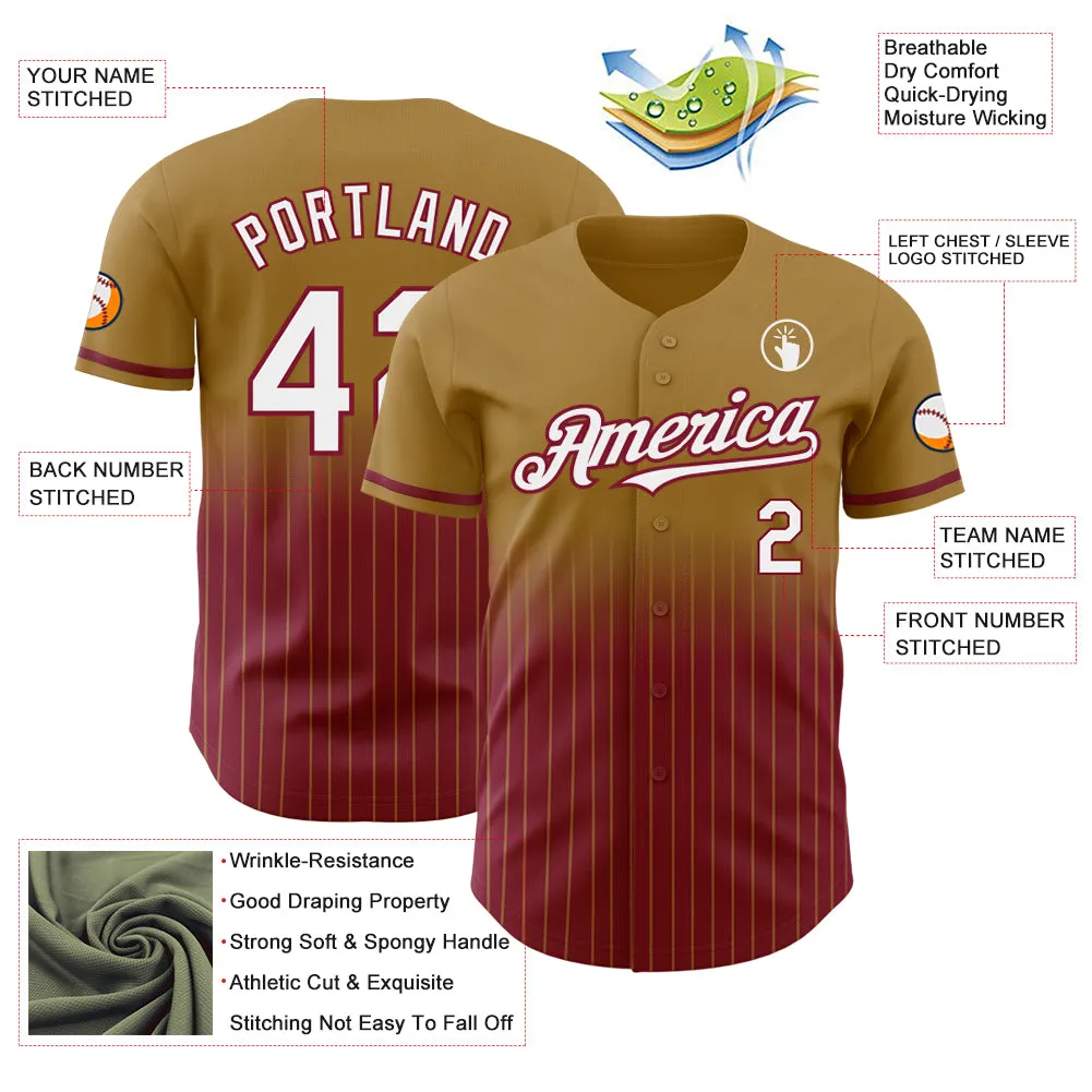 Custom Old Gold Pinstripe White-Crimson Authentic Fade Fashion Baseball Jersey