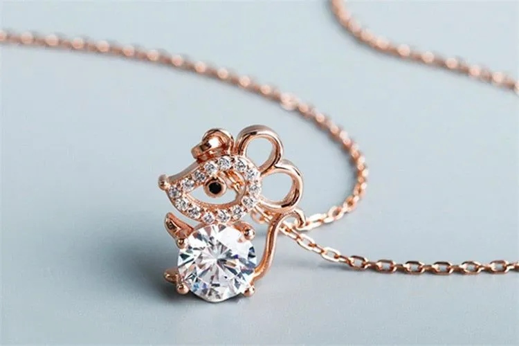 Fashion Crystal Mouse Pendant Necklaces Charm Jewelry HOS0258