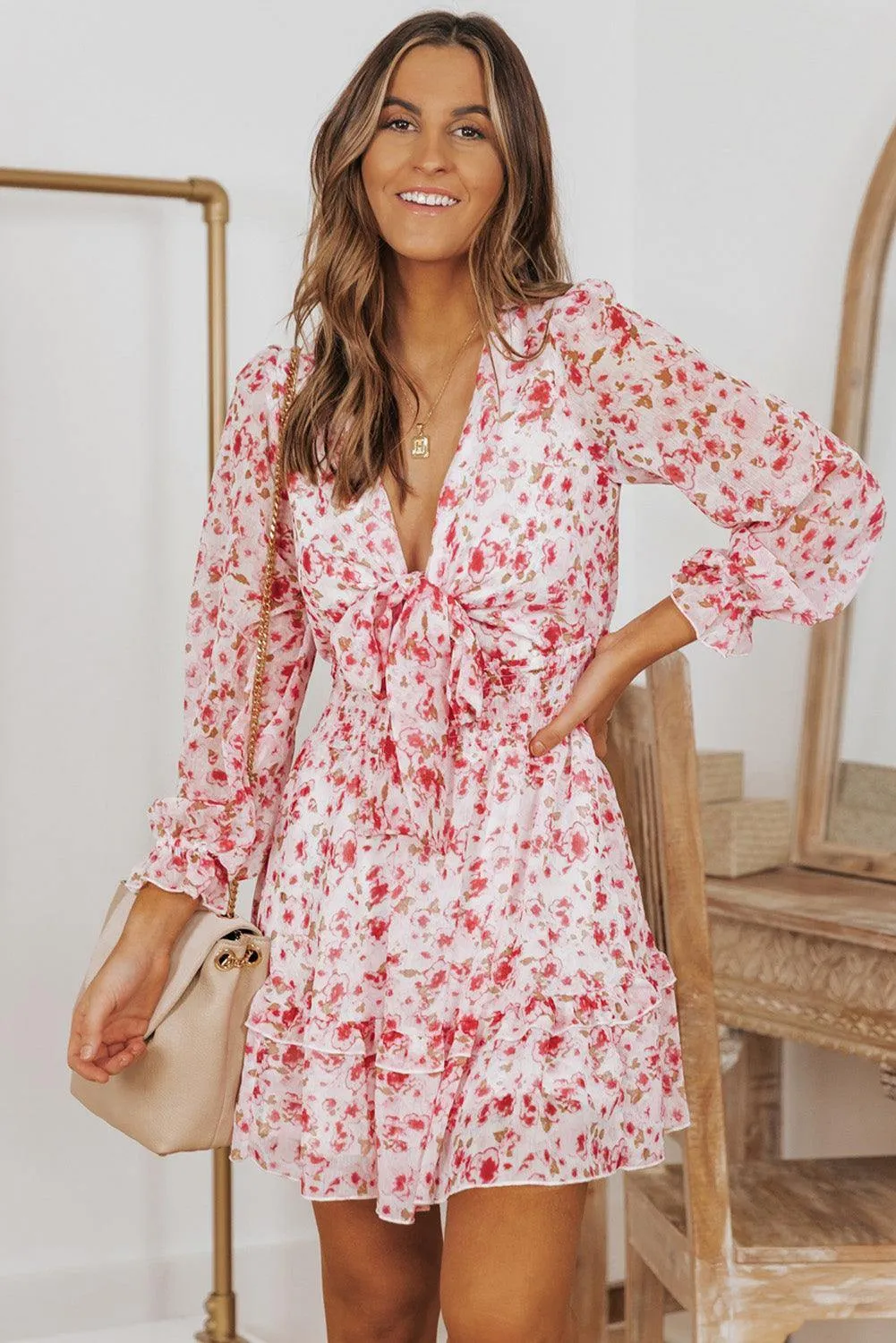 Floral Deep V Flounce Sleeve Mini Dress